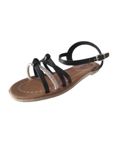 Sandale Femme Noire Élégante – Bride Perlée et Lanières Croisées