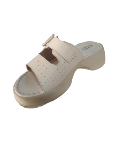 Sandale mule beige à talon – Boucle strass élégante