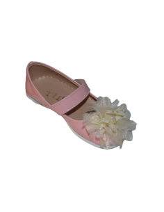 Ballerines fille vernis noir – Fleur en dentelle crème