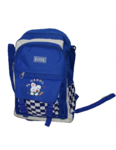 Sac à dos scolaire bleu pour enfant – motif lapin & carreaux